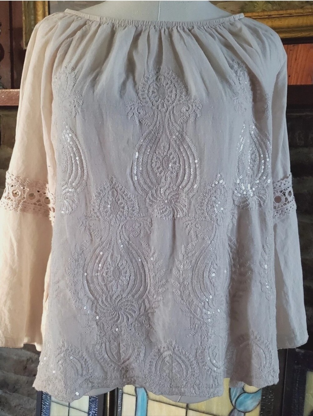 Kaktus Boho Peasant Blouse M Ivory Embroidered Sequin Bell Sleeve Cotton